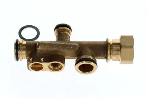 Rohrverbindung aus Messing mit mehreren Anschlüssen und Dichtungsringen, geeignet für Bosch Heizsysteme.